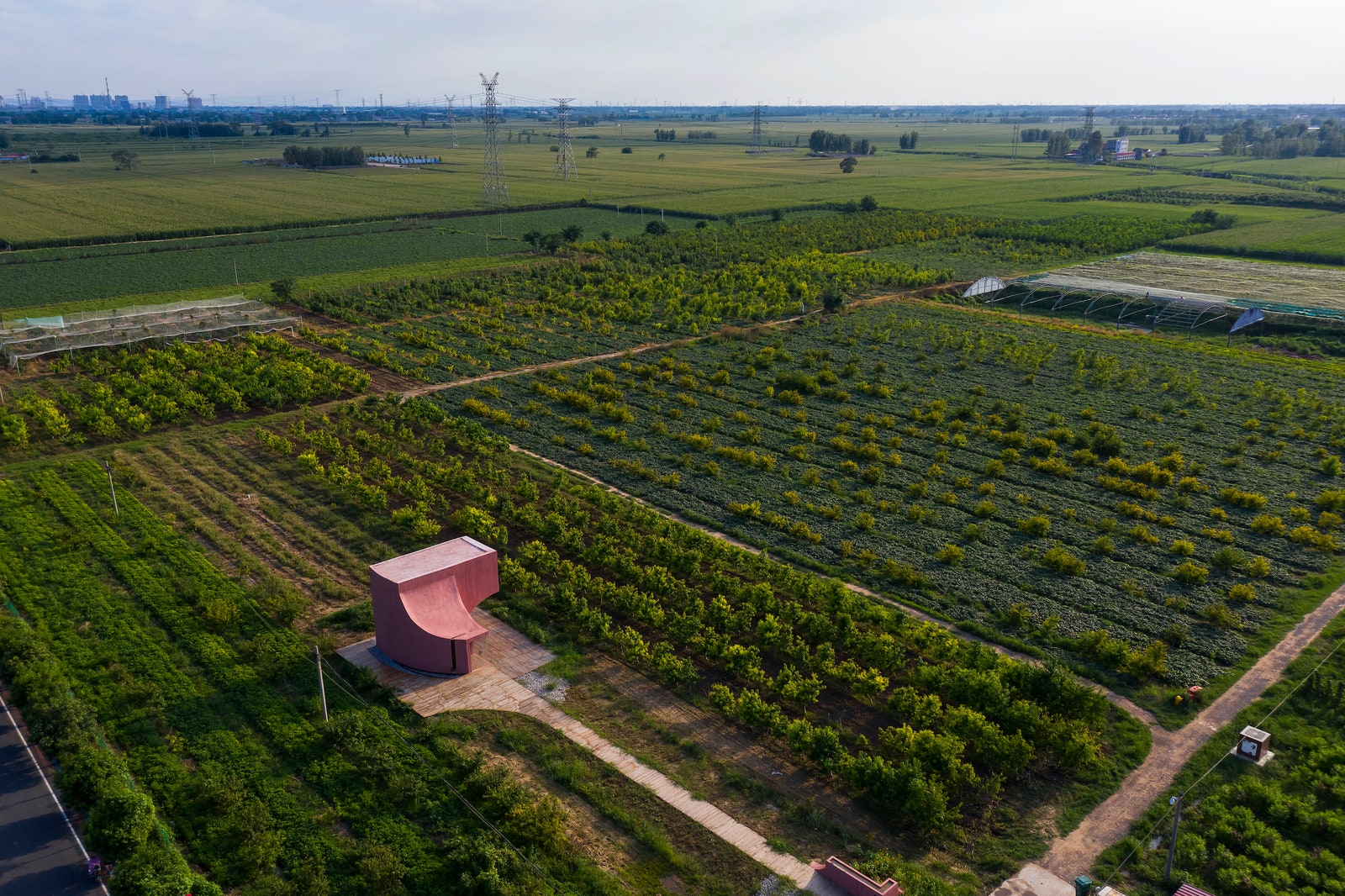 Общественный центр посреди персиковых плантаций в Китае