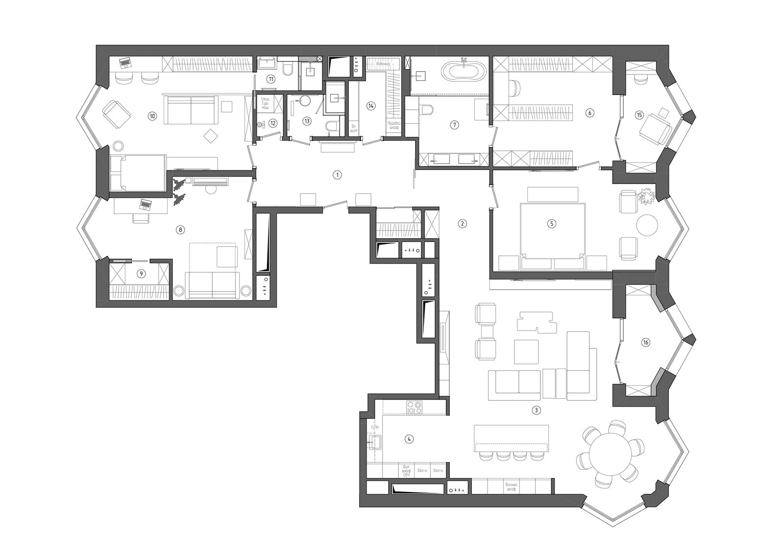 1 — холл 2 — коридор 3 — гостинаястоловая 4 — кухня 5 — хозяйская спальня 6 — гардеробная 7 — ванная 8 — кабинет 9 —...