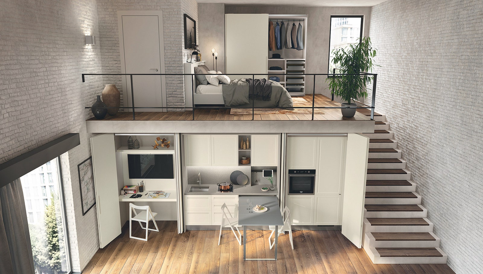 Модульная мебель для кухни и гостиной из серии BoxLife Scavolini.