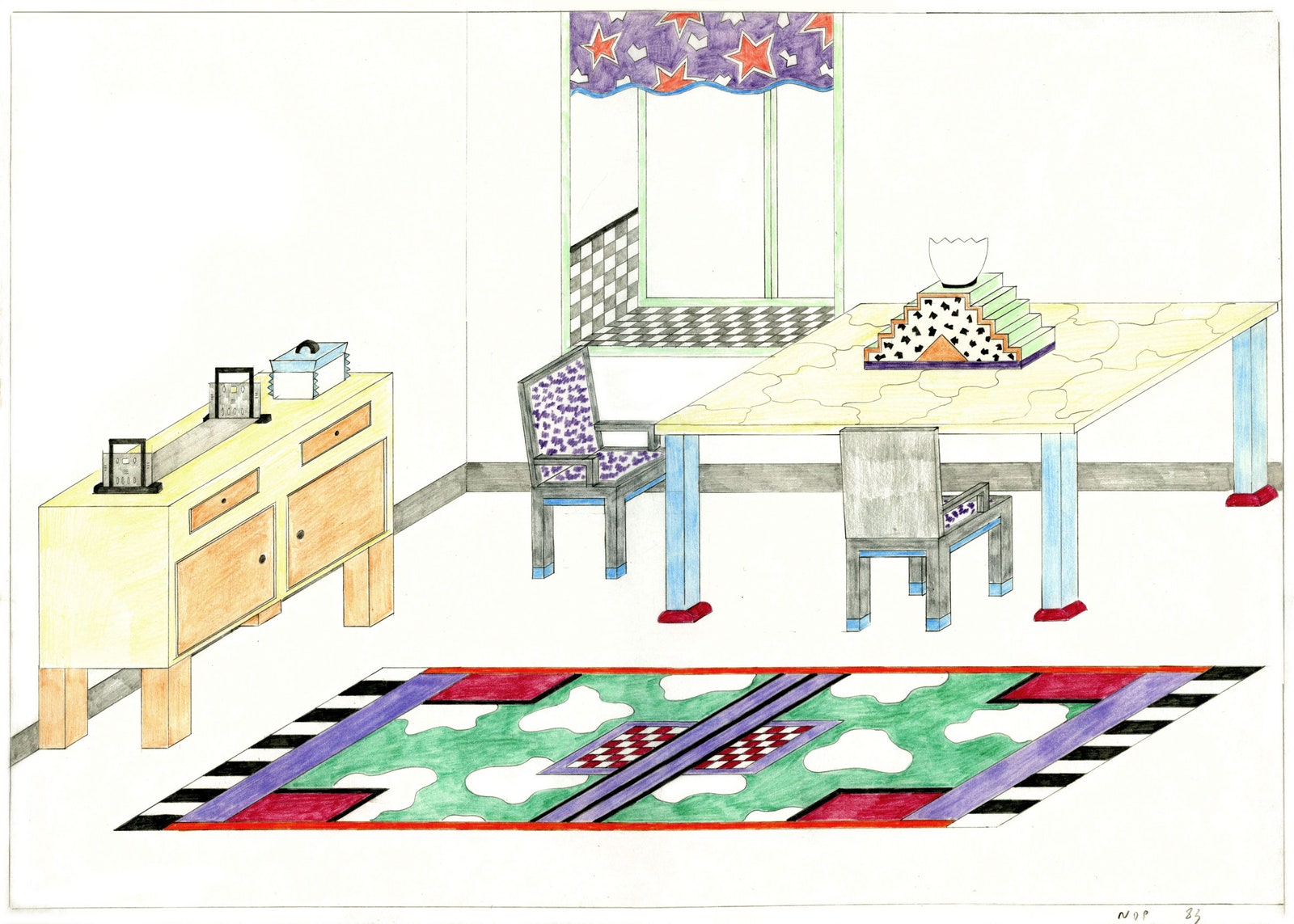 Nathalie du Pasquier drawing of an interior 1982 © Nathalie du Pasquier