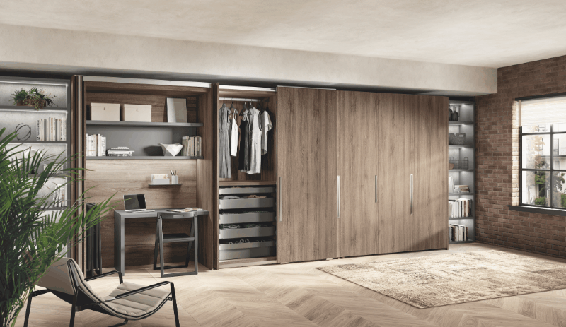 BoxLife помогает сформировать зону спальни с гардеробом. Створки шкафов выполнены с использованием декоративной...