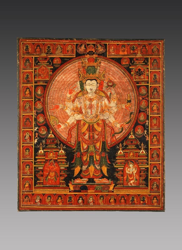 “Тысячерукий Авалокитешвара и его окружение” клеевая живопись на хлопке Тибет неварский автор XIVXV века 503 x 42 см на...