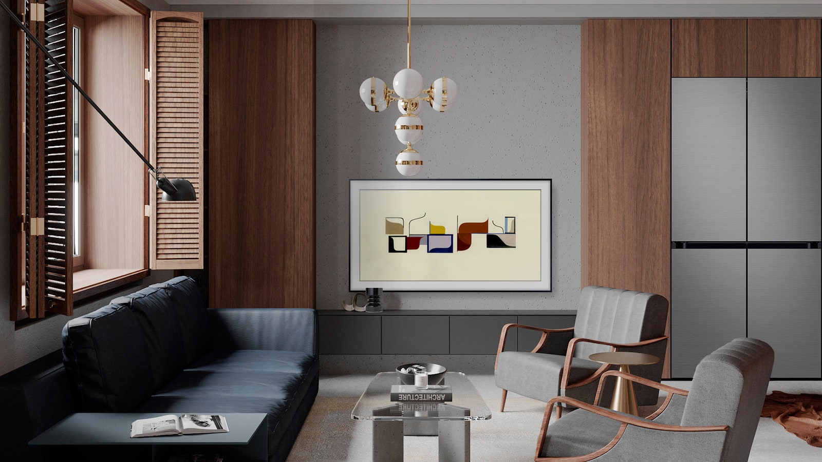 Телевизор The Frame и холодильник BeSpoke в интерьере по проекту Дарьи Леховой.