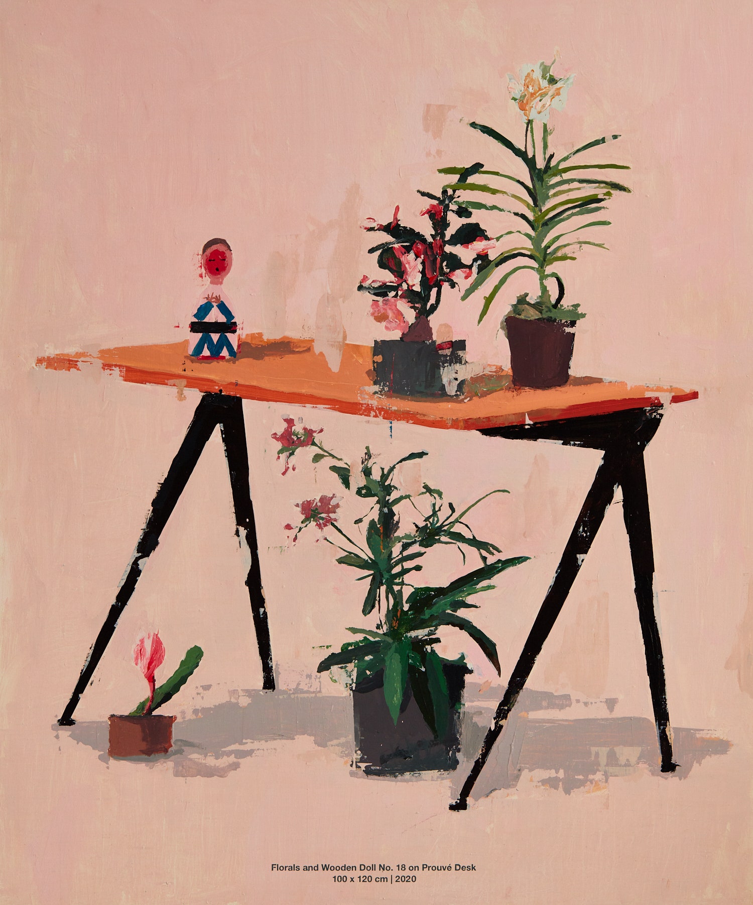 Flower and Wooden Doll No. 18 on Prouvé Desk. 2020. 100 x 120 cm.