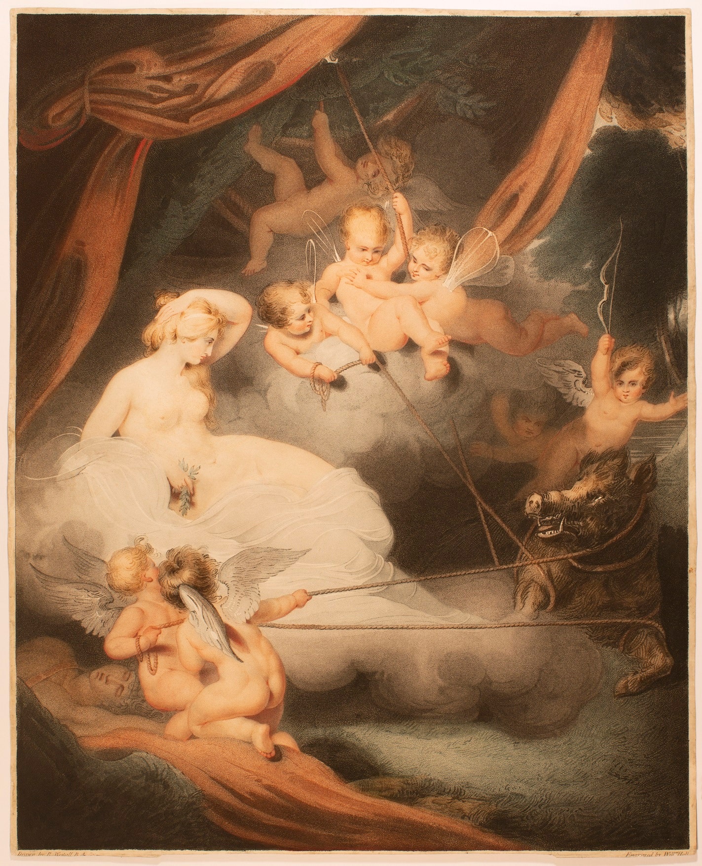 Уильям Холл Старший . Венера и вепрь. По композиции Ричарда Уэстолла. Великобритания 1802. Гравюра пунктиром цветная печать.