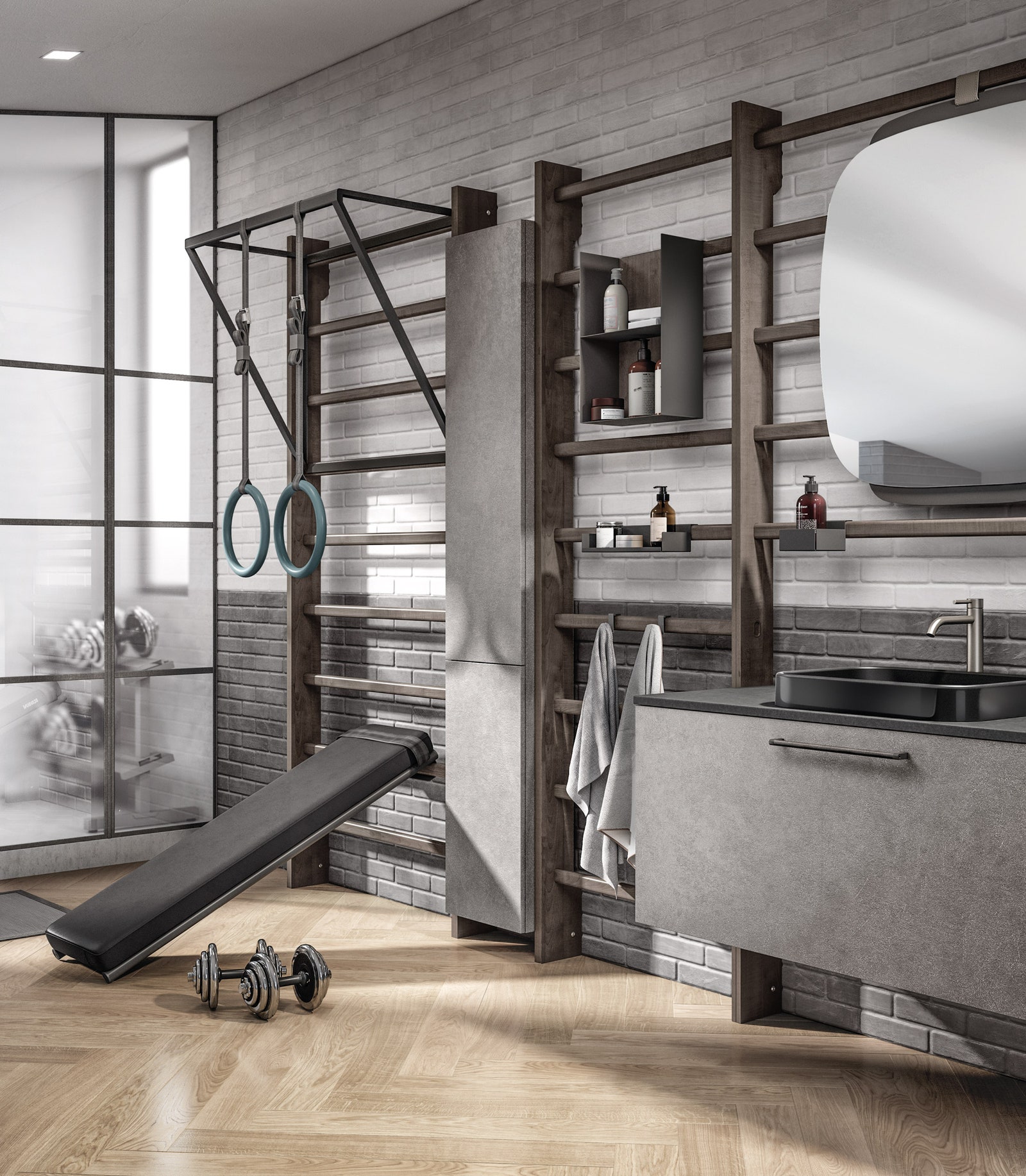 Система Gym Space от Scavolini сочетающаяся с композицией для ванной комнаты Aquo. Корпус системы выполнен в отделке под...