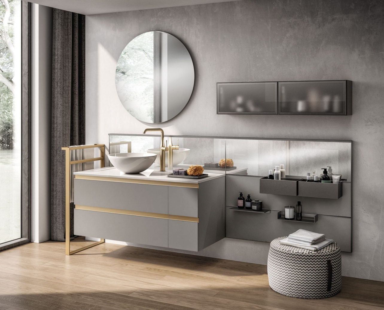 Мебель для ванной из коллекции Tratto от Scavolini дизайн Vuesse. Навесная тумба выполнена в лакированной отделке “Серый...