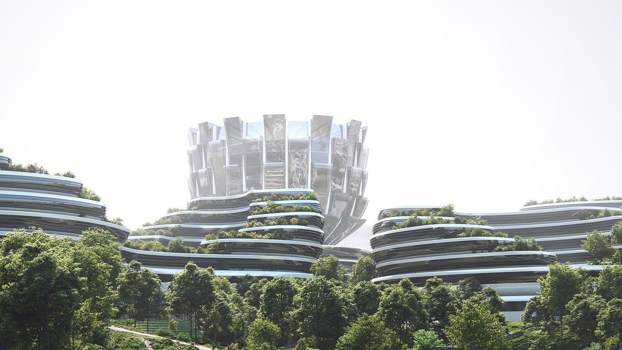 Бюро Zaha Hadid Architects показало как происходит строительство острова Единорога в Чэнду