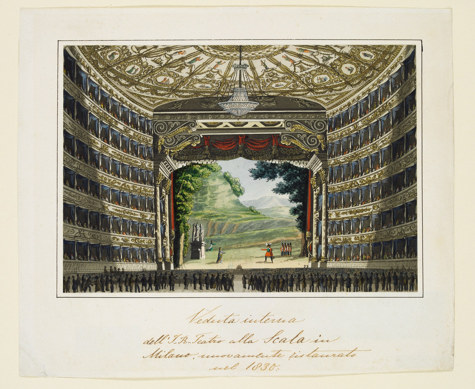 Интерьер театра Ла Скала в Милане после реставрации в 1830 году. Неизвестный художник. Цветной рисунок или раскрашенная...