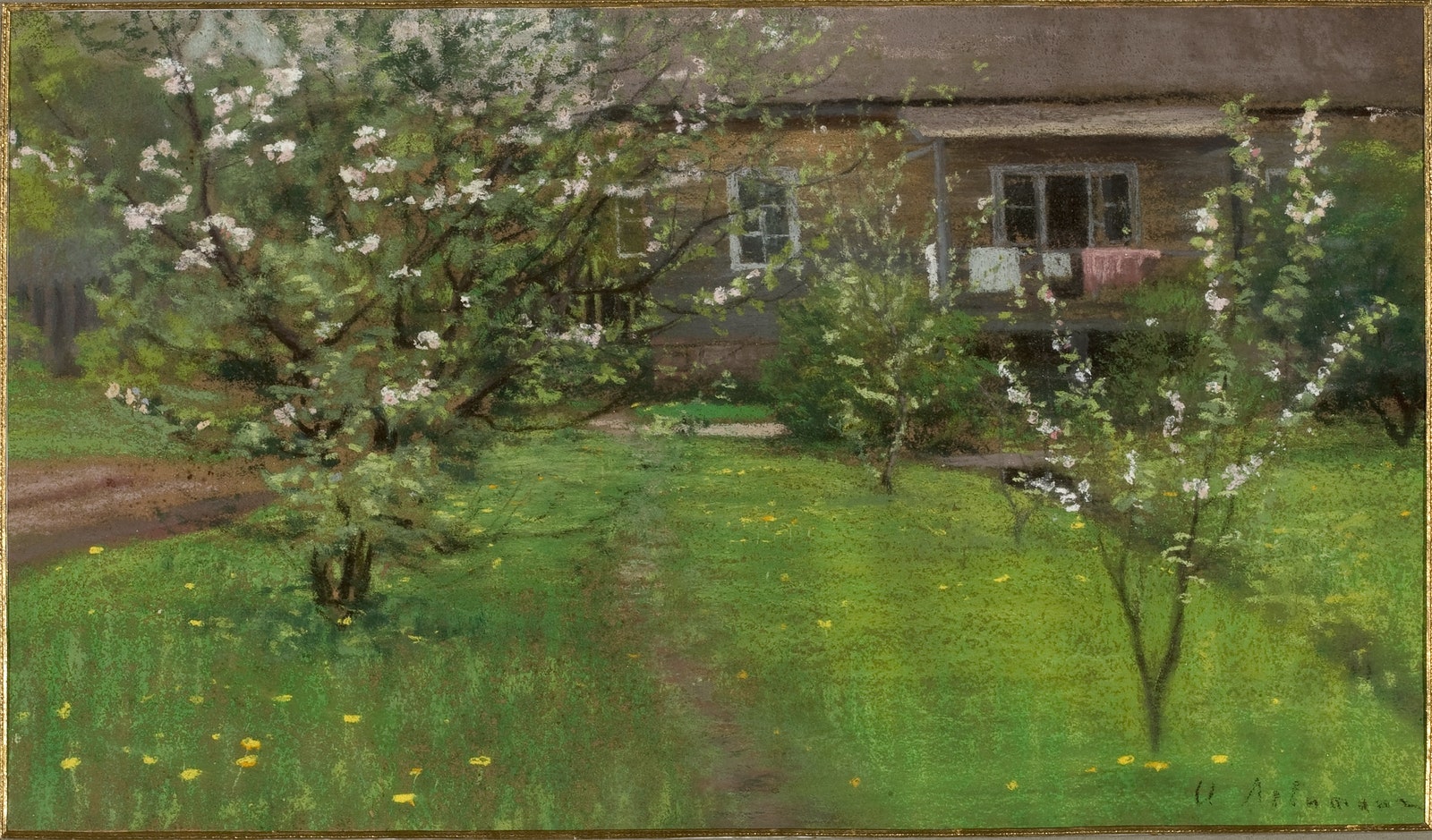 И. И. Левитан. Цветущий сад. Середина 1890х. Бумага наждачная на картоне пастель. Государственная Третьяковская галерея.
