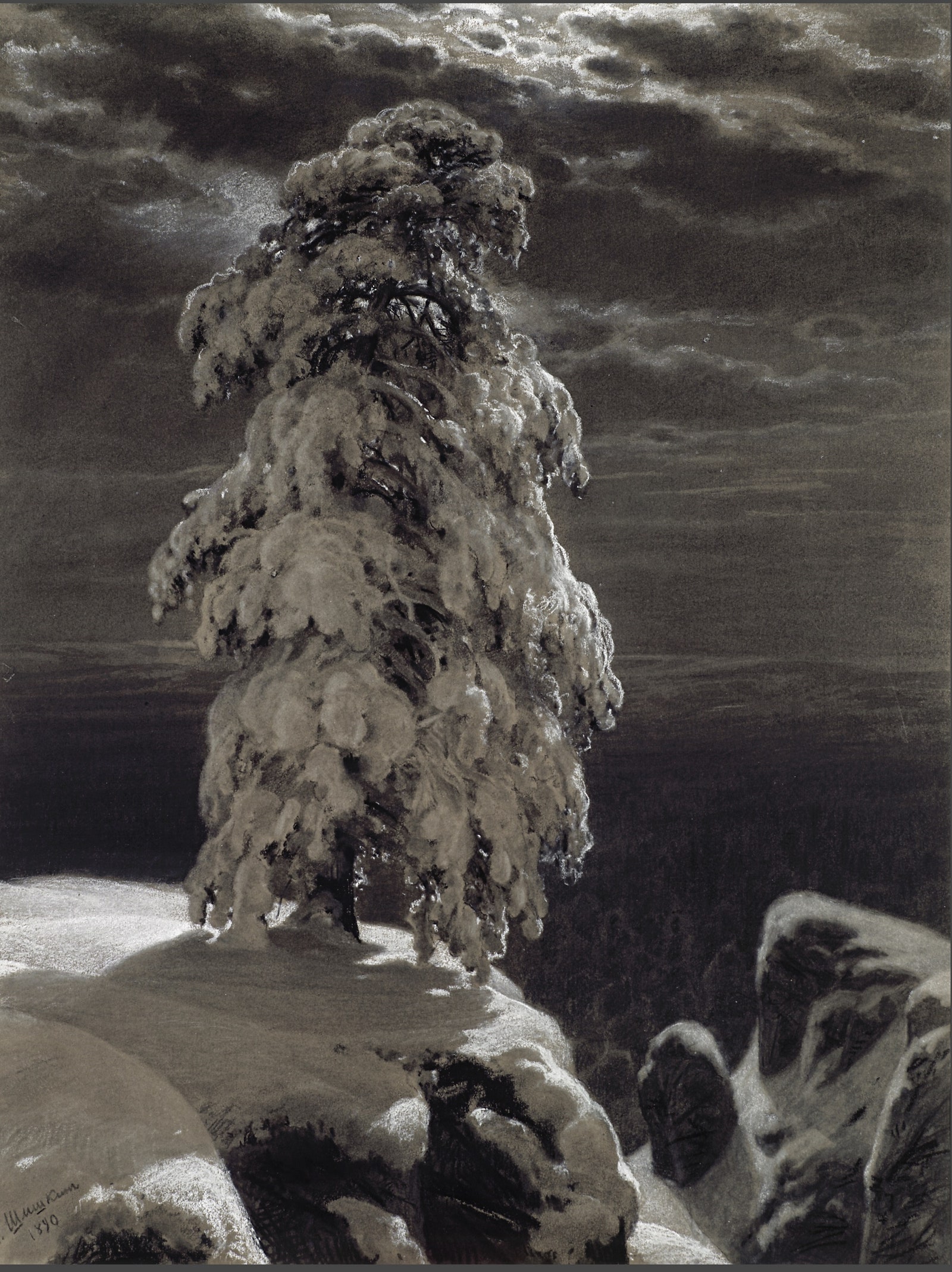 И. И. Шишкин. На севере диком. 1890. Бумага сероватожелтая уголь белила. Государственная Третьяковская галерея.