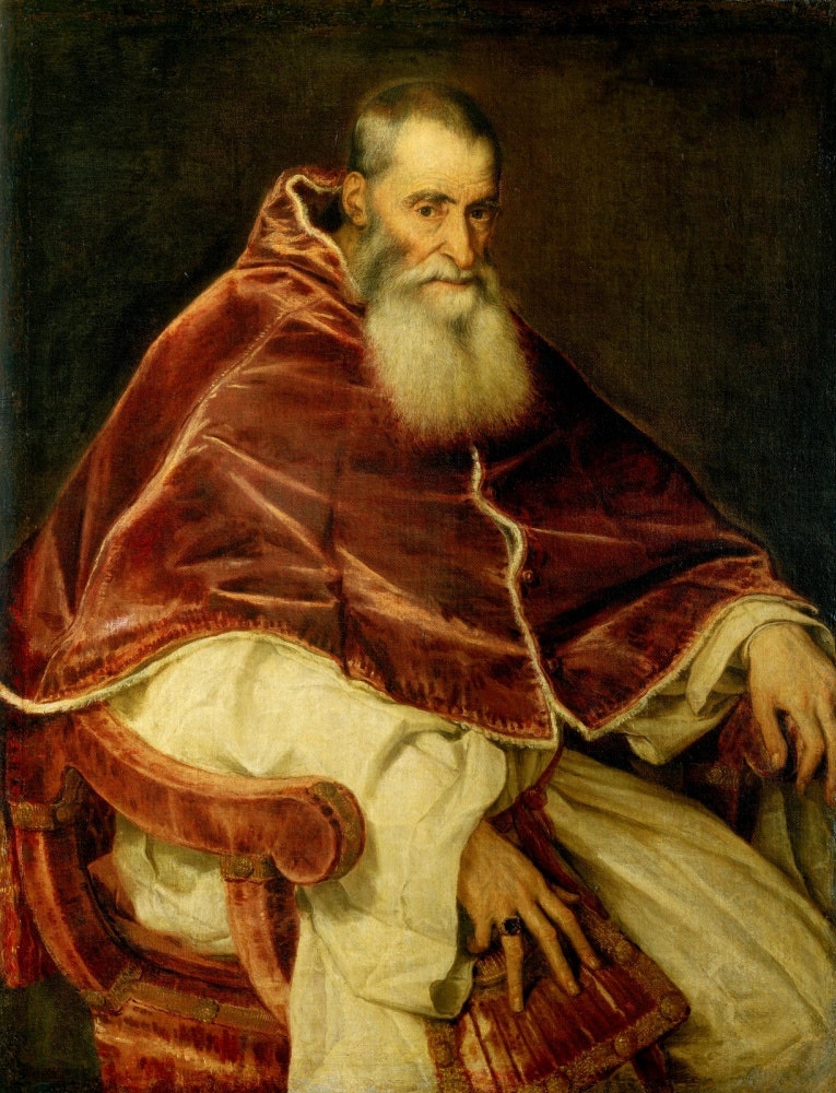 Тициан Вечеллио. Портрет Папы Павла III. 1543. Холст масло. Музей и Королевский парк Каподимонте Неаполь.