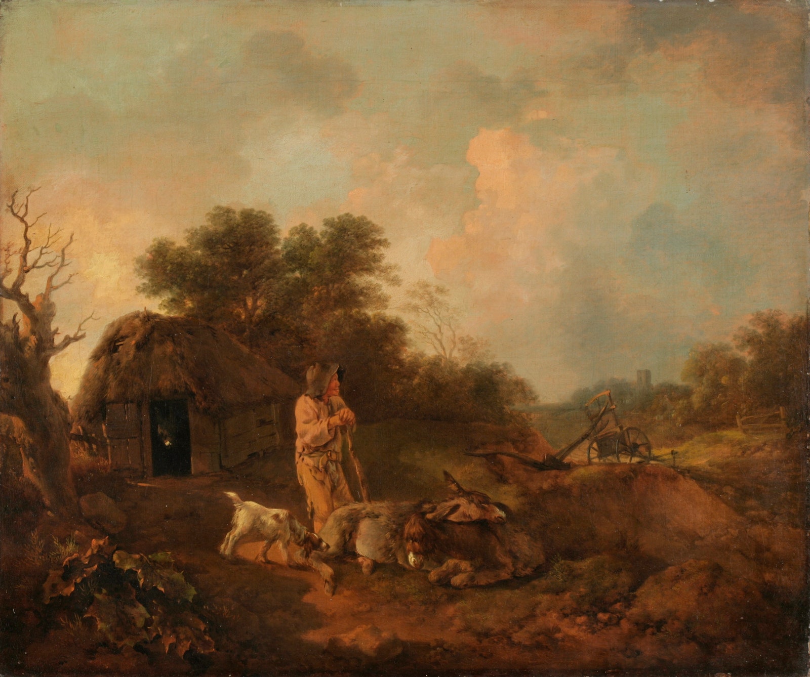 Томас Гейнсборо. Лесной пейзаж со старым крестьянином и ослами у сарая с сошником и церковью вдали. Ок. 17551757....