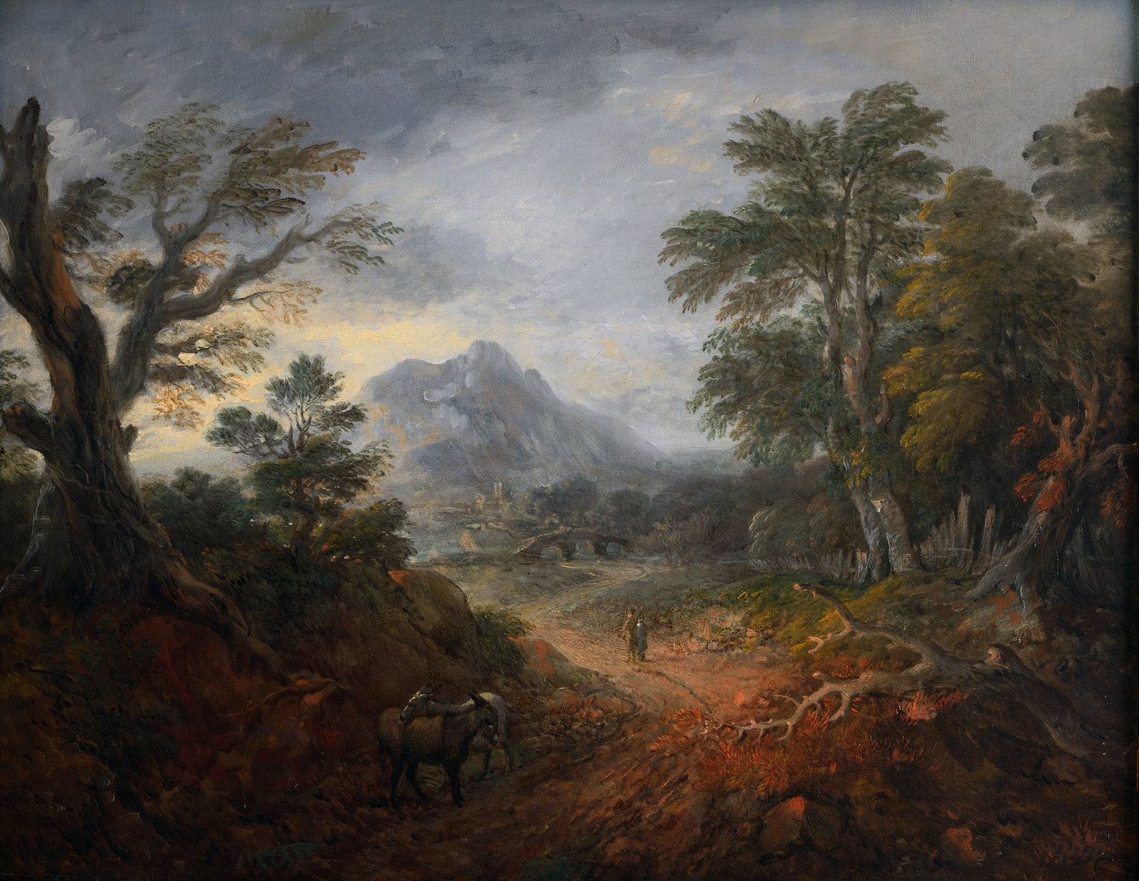Томас Гейнсборо. Лесной пейзаж с фигурами мостом ослами горой и зданиями вдали. Ок. 17631767. Передано в Доммузей...