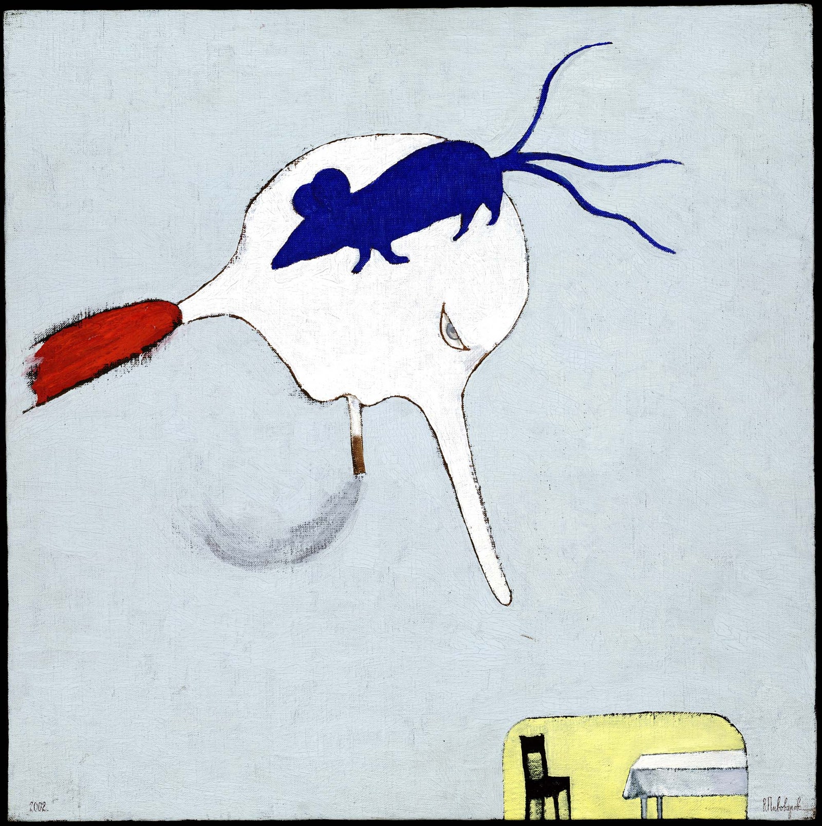 Зал “Музыка” Лагутенко. Виктор Пивоваров . Синяя мышь с тремя хвостами. 2002. Холст на оргалите масло.