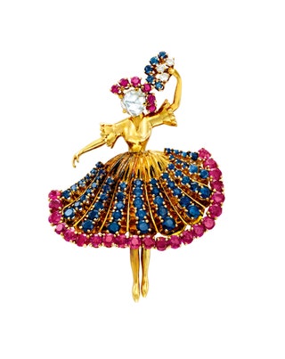 Брошь Ballerina 1945 год желтое золото сапфиры рубины бриллианты.