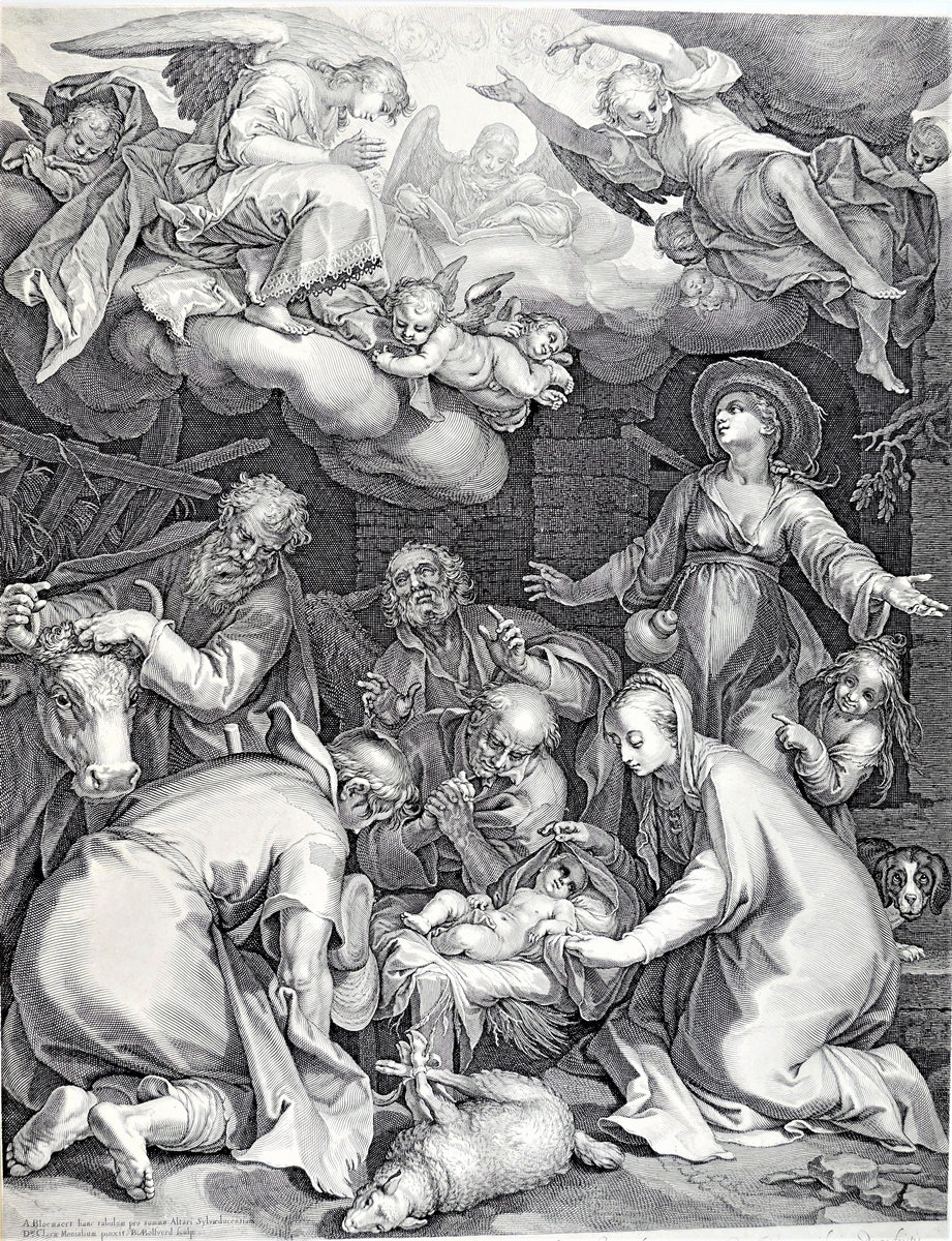 Поклонение пастухов. По картине Абрахама Блумарта. Гравер Боетус Больсверт 1618. Резцовая гравюра.