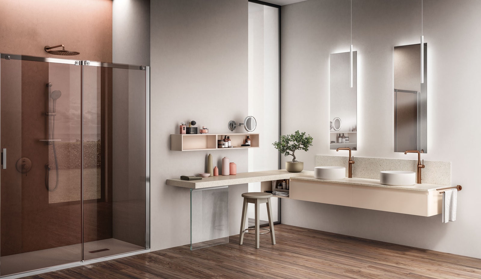 Мебель из коллекции Tratto от Scavolini дизайн Vuesse. Тумба выполнена в пудровом цвете угловая столешница сделана из...