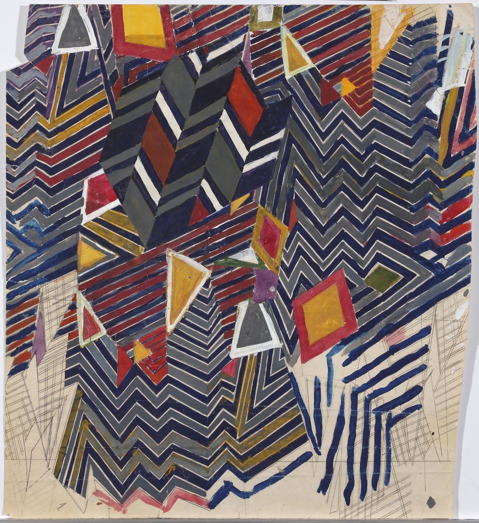 Анна Андреева эскиз рисунка для ткани серия “Кора” 1965. Бумага карандаш синяя ручка гуашь. Частная коллекция.