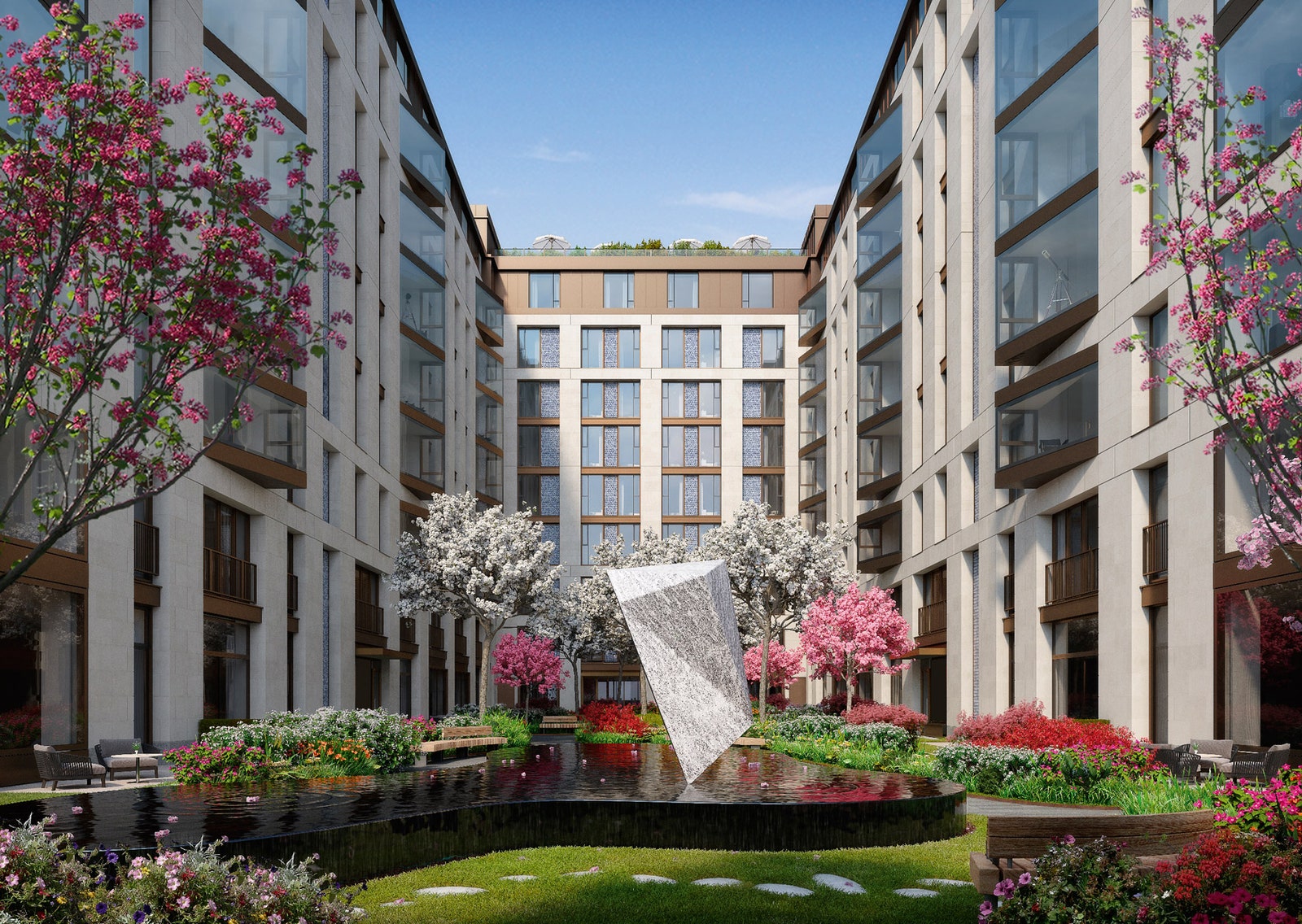 Во внутреннем дворе жилого комплекса устроен сад напоминающий “частные скверы” в престижных районах Лондона.