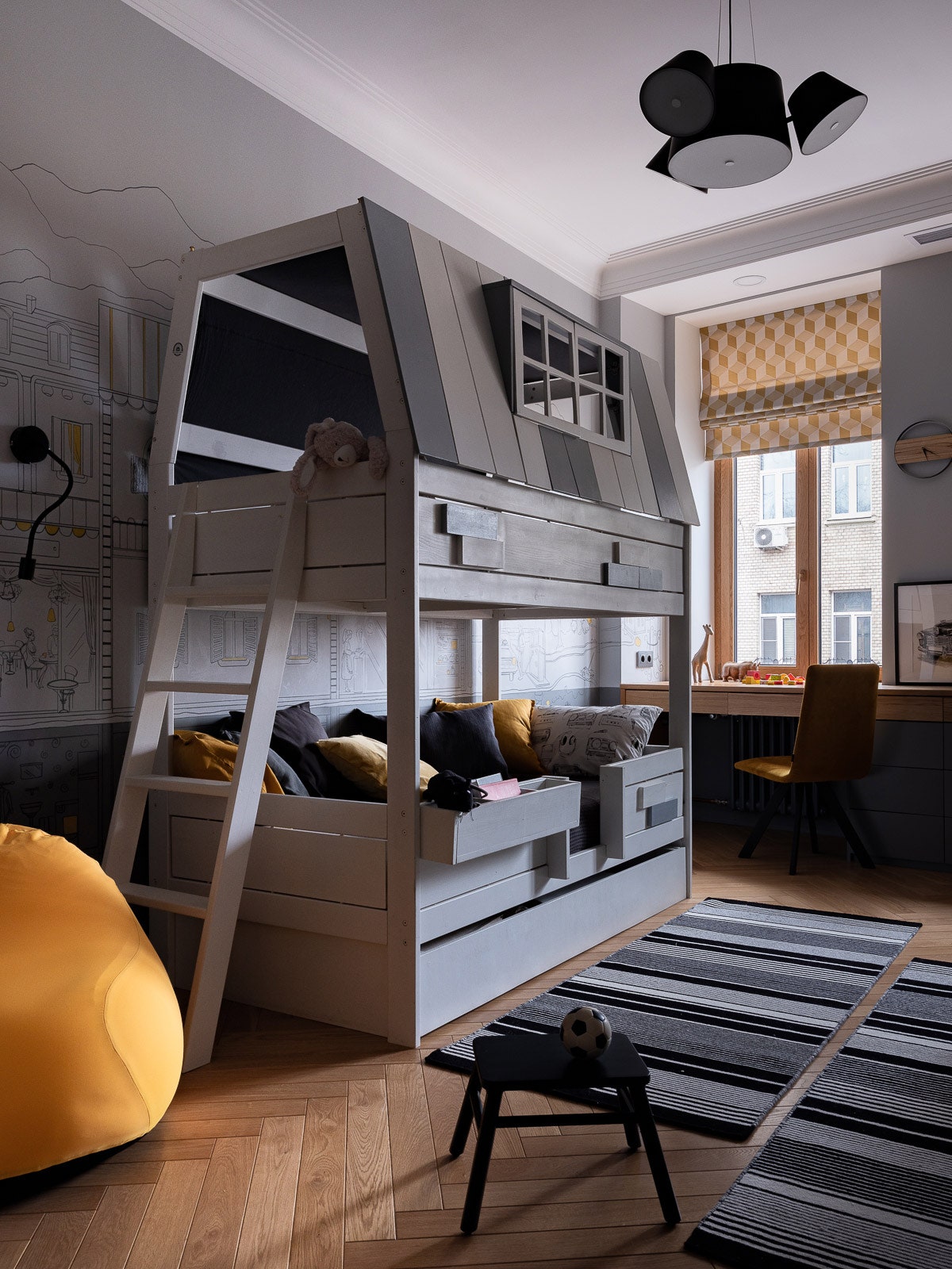 Детская сына. Римские шторы “Декортье” дорожки IKEA бескаркасный пуф Designboom. Кроватьчердак переехала с предыдущей...