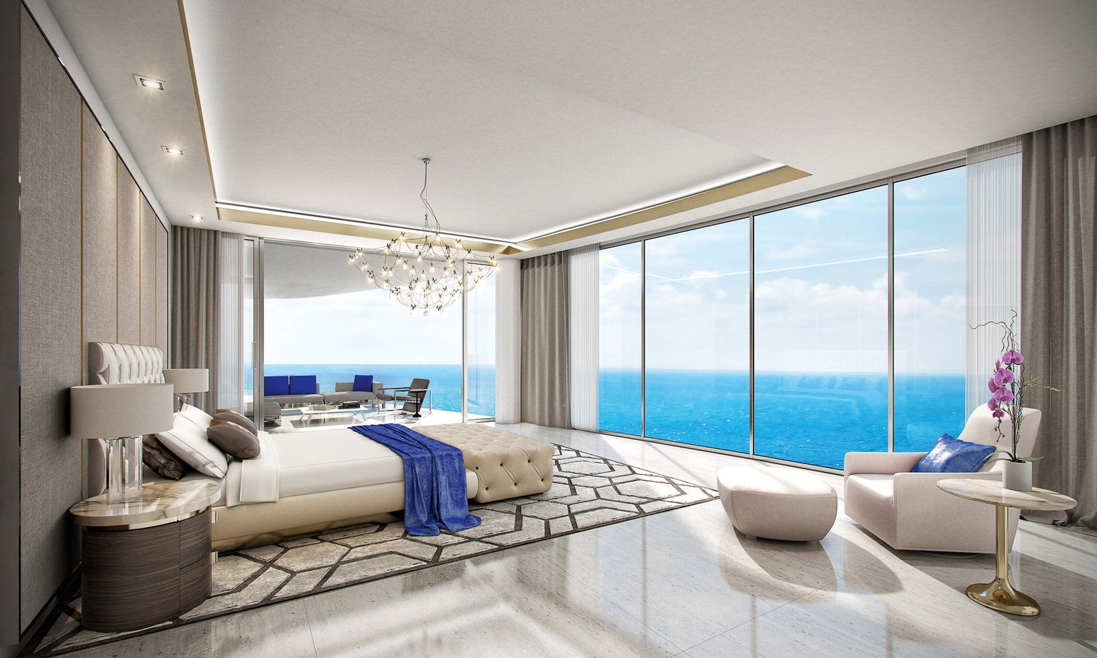 Главная спальня одной из проектируемых квартир. Из панорамных окон виден океан.