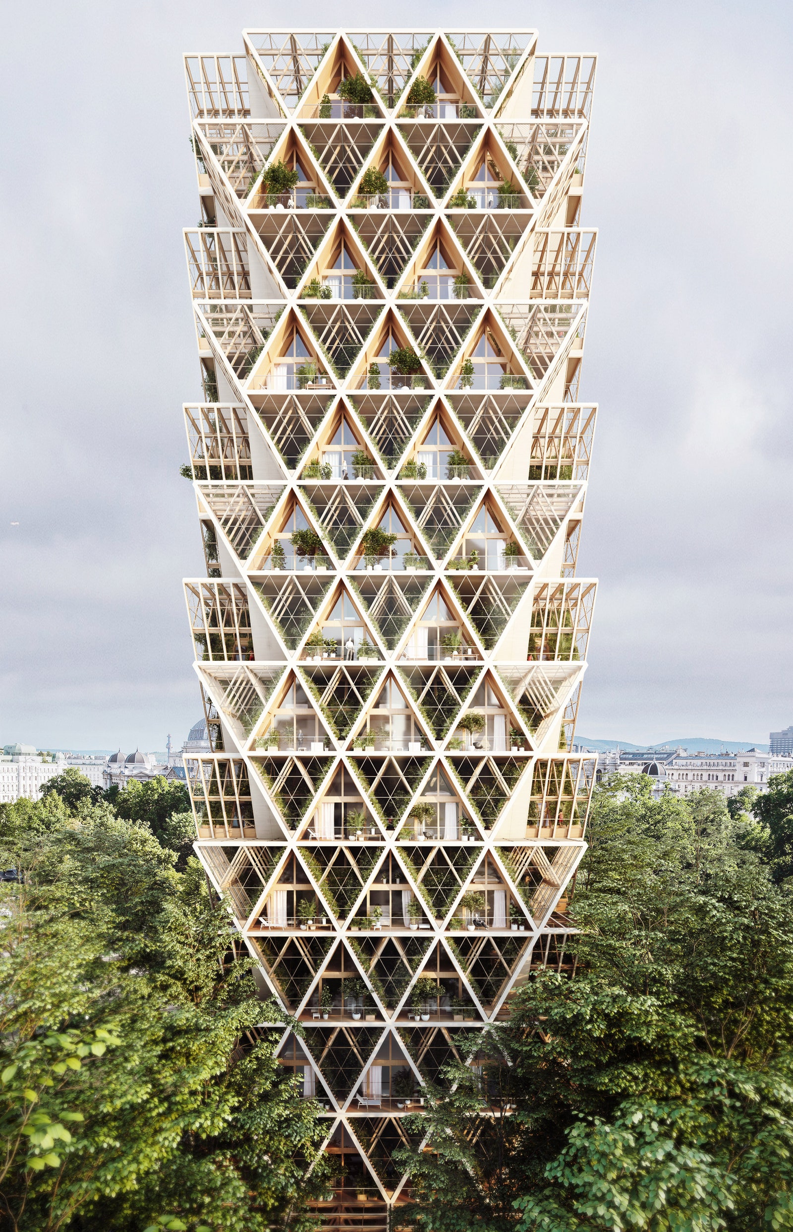 Концепция деревянного небоскреба с вертикальной фермой