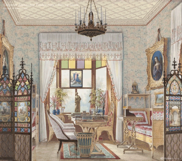Eduard Petrovich Hau. Empress Alexandra Feodorovna's Sitting Room. Cottage Palace St. Petersburg Russia. 1835. Cooper...