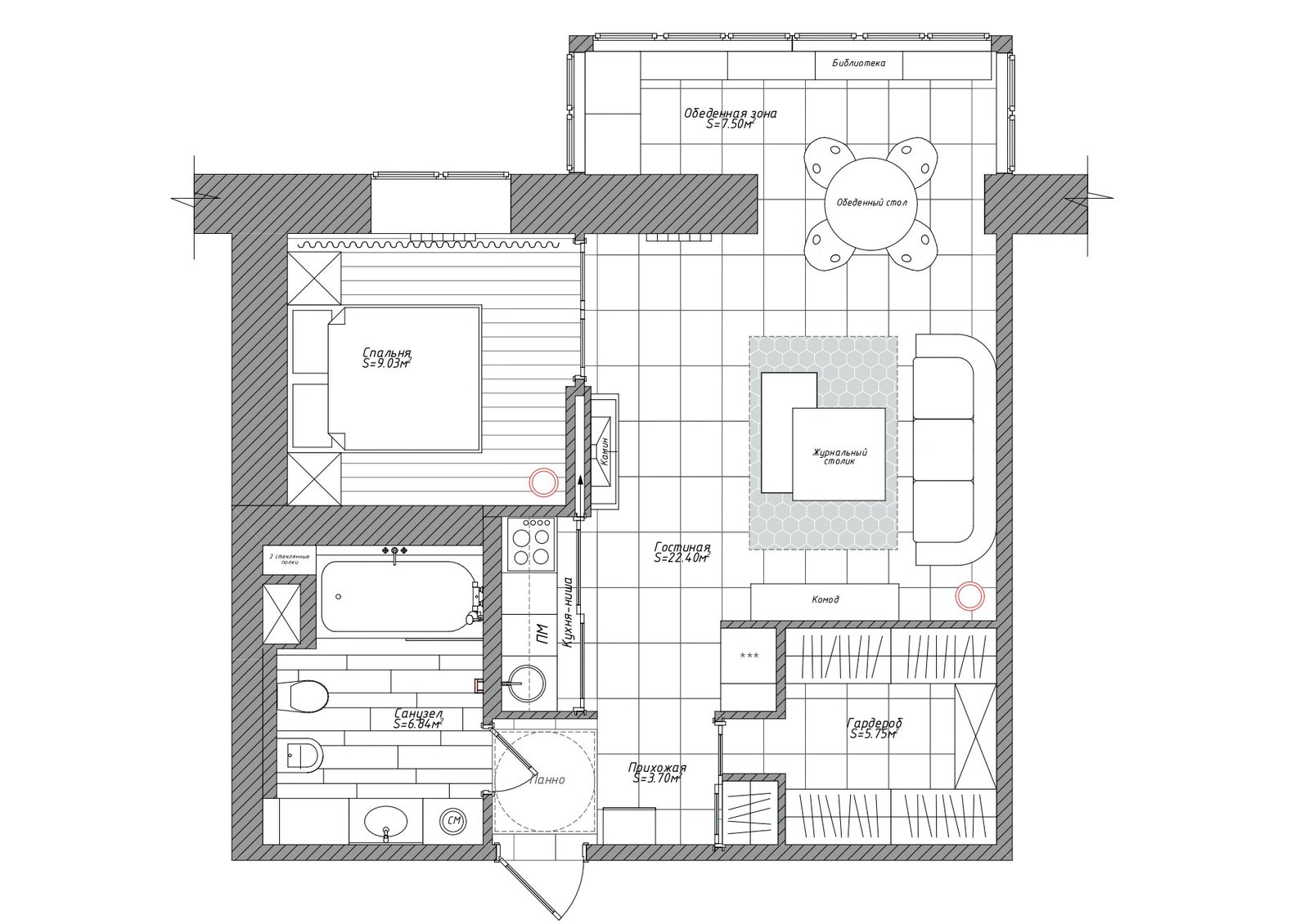 Квартира с кухнейневидимкой 53 м²