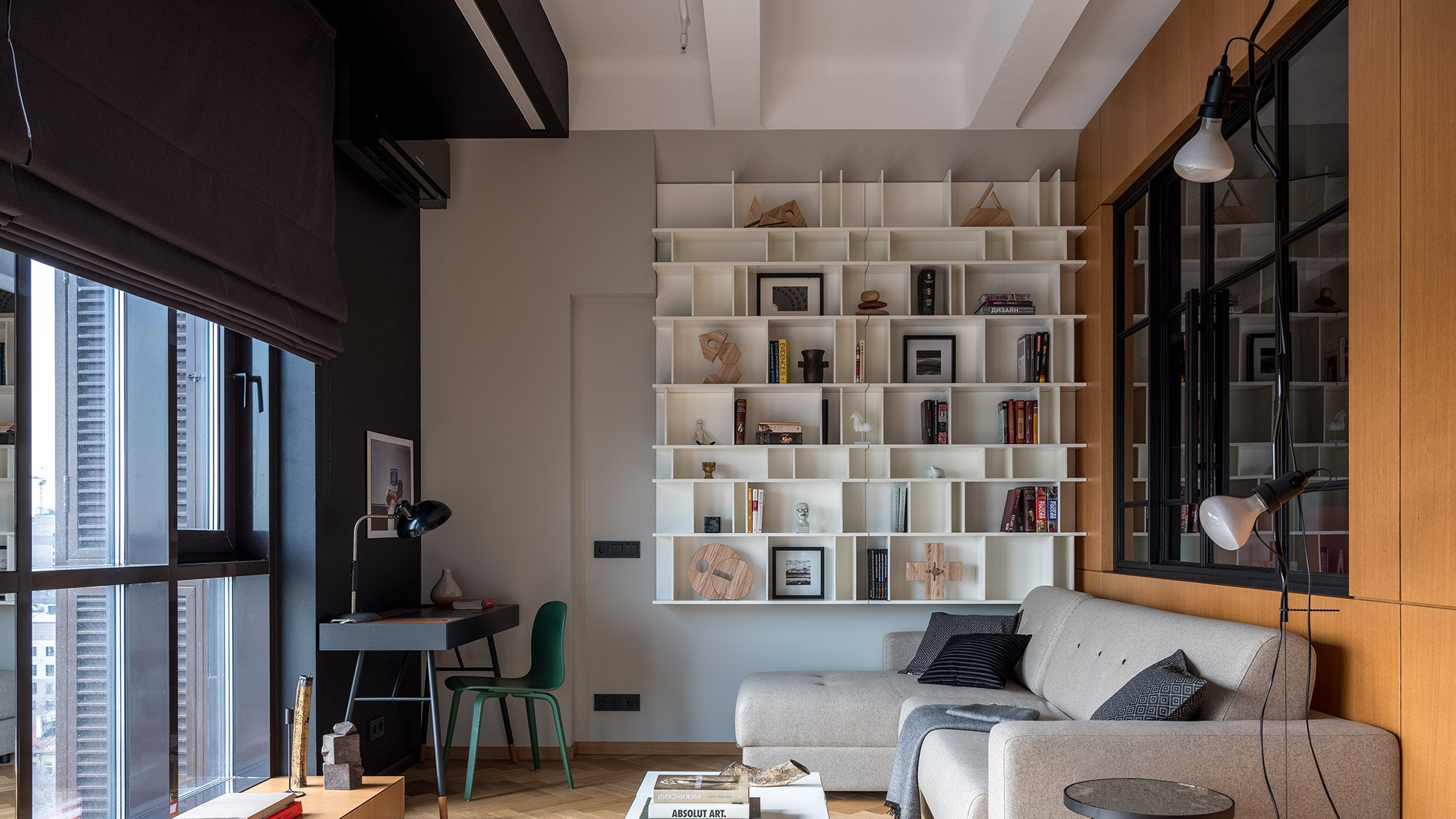 Дизайн интерьера брутальной квартиры с графичными деталями 52 м²
