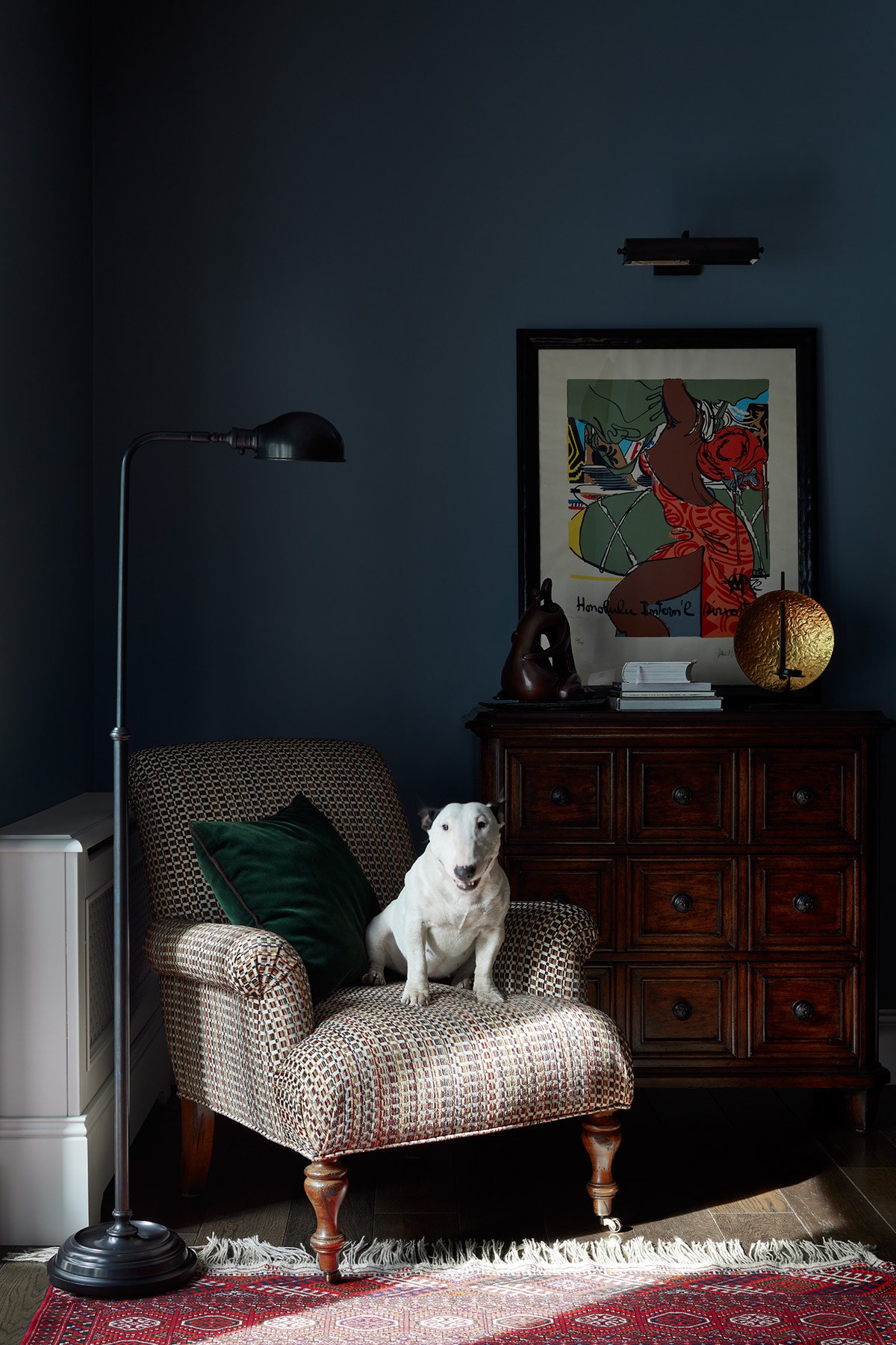 Библиотека. Комод Stanley Furniture  кресло CR Laine в ткани Kravet Couture винтажный постер из студии Bottega торшер...