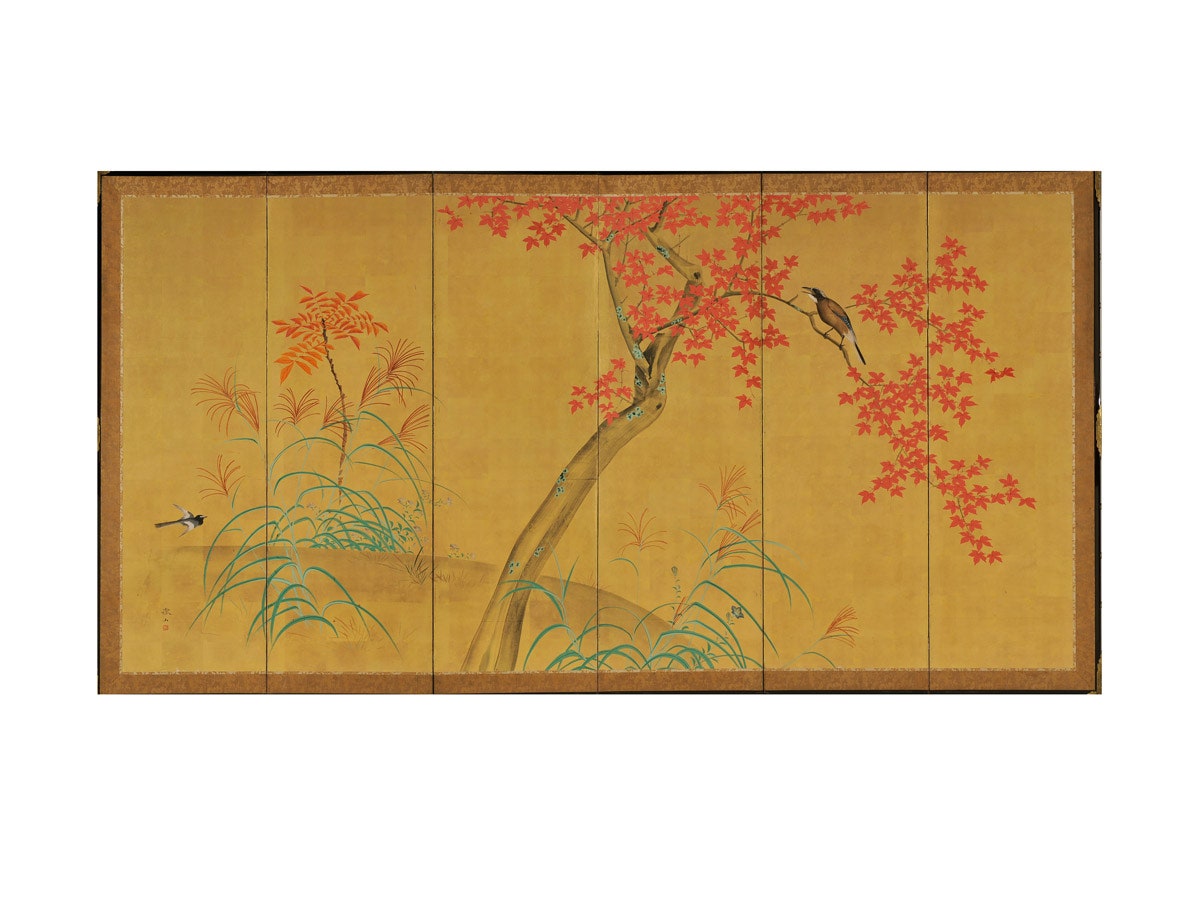 Мори Тэцудзан. Цветы и птицы весны и осени. Парные шестистворчатые ширмы. Музей изобразительных искусств города Тиба.