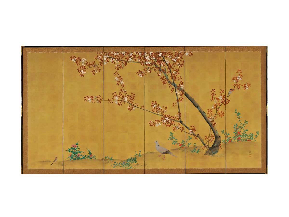Мори Тэцудзан. Цветы и птицы весны и осени. Парные шестистворчатые ширмы. Музей изобразительных искусств города Тиба.