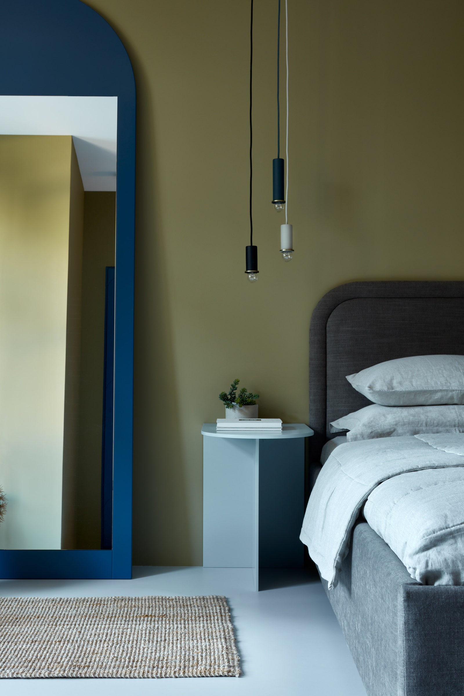 Фрагмент спальни. Зеркало сделано по эскизам дизайнера светильники Ferm Living кровать Enjoy Home прикроватный столик...