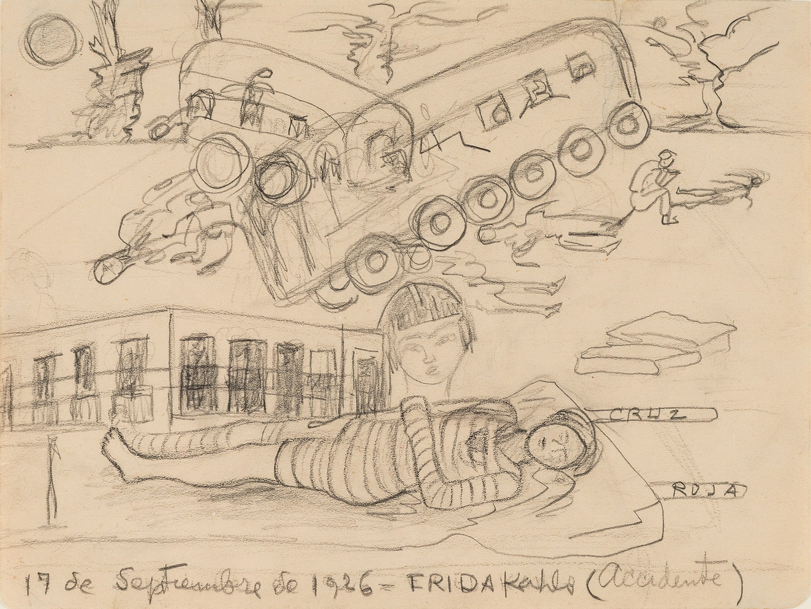 Фрида Кало. Авария. 1926. Бумага карандаш. 20 x 265 в раме 845 x 71 x 3. Коллекция Хуана Рафаэля Коронеля Риверы.