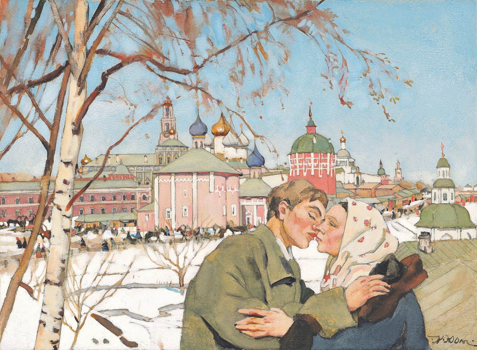 Константин Юон. A couple embracing in the snow.