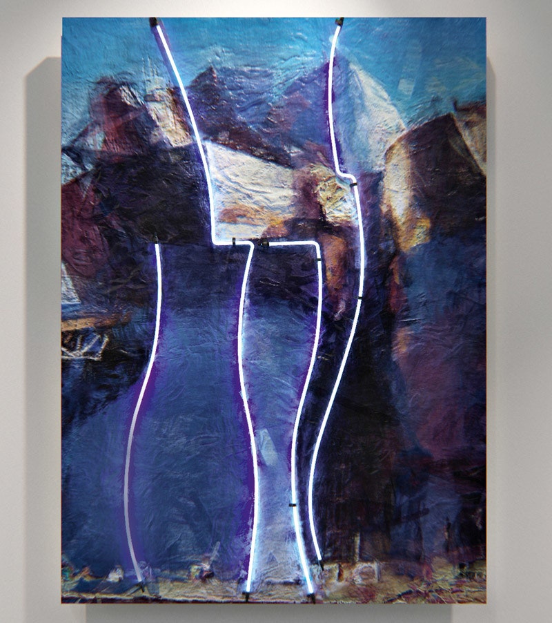 Картина из серии “Архитектурные конструкции” масло холст неон. Здесь угадываются очертания музея Гуггенхайма в Бильбао...