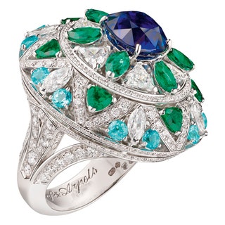 Кольцо Fleur Bleue Ring белое золото бриллианты изумруды турмалины и крупный сапфир огранки “подушка”.