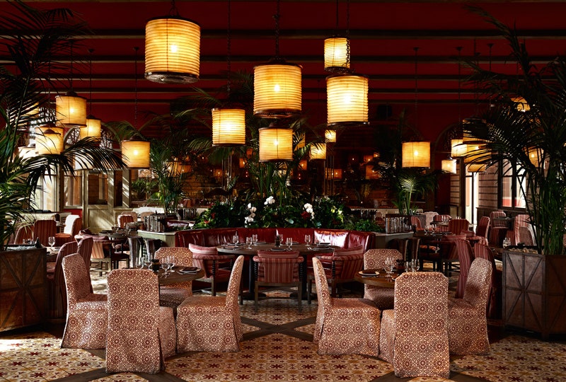 В главном обеденном зале ресторана в центре находится специально спроектированная стойка с живыми растениями — пальмами...