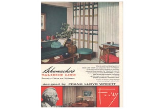 Реклама коллекции Taliesin Line которую Райт создал для Schumacher в 1955 году в журнале House Beautiful.