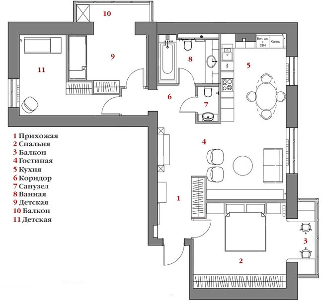 Перепланировка трехкомнатной квартиры в пятикомнатную работа дизайнера Валерии Белоусовой | Admagazine