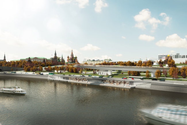 Проект москворецкой набережной парка Зарядье с зонами для велодорожки кафе и магазинов | Admagazine