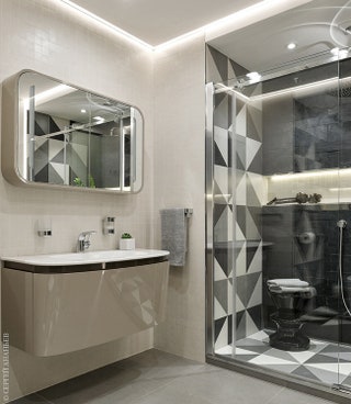 Хозяйская ванная комната. Сантехника Ideal Standard. В облицовке используется керамогранит Fap и сланец Artesia.