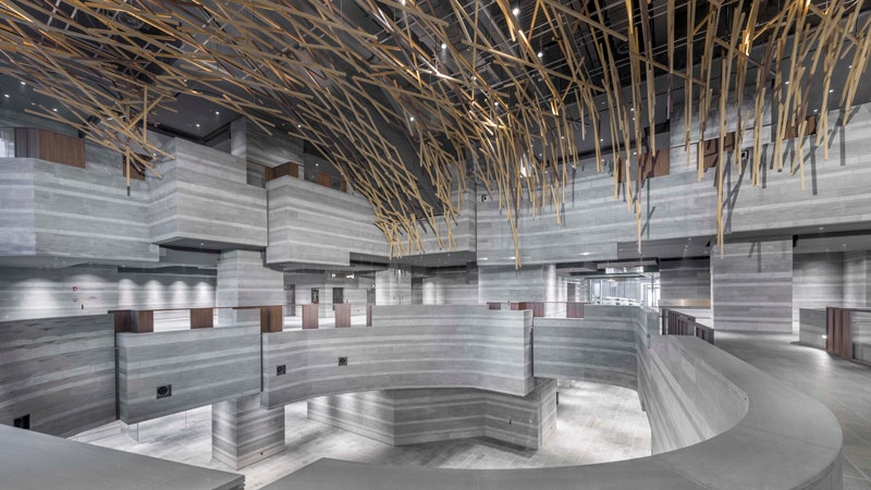 Выставочный комплекс The Hub в Шанхае по дизайну Neri  Hu из песчаника и дерева | Admagazine