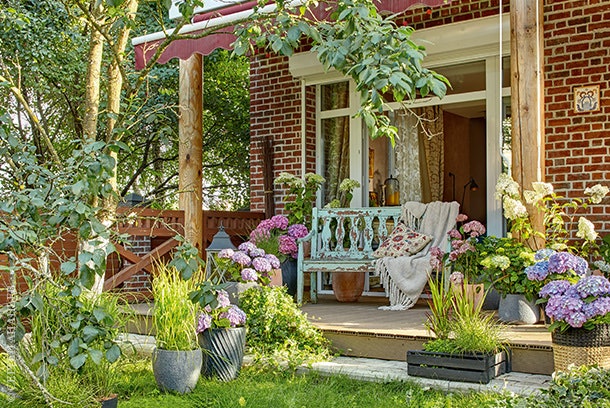 Сад вокруг дома возделывает бабушка. Скамье на крыльце больше ста лет.