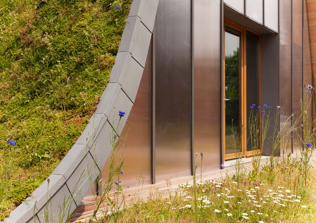 Дом во Франции с травяной поверхностью экологичный дизайн с растительностью на корпусе | Admagazine