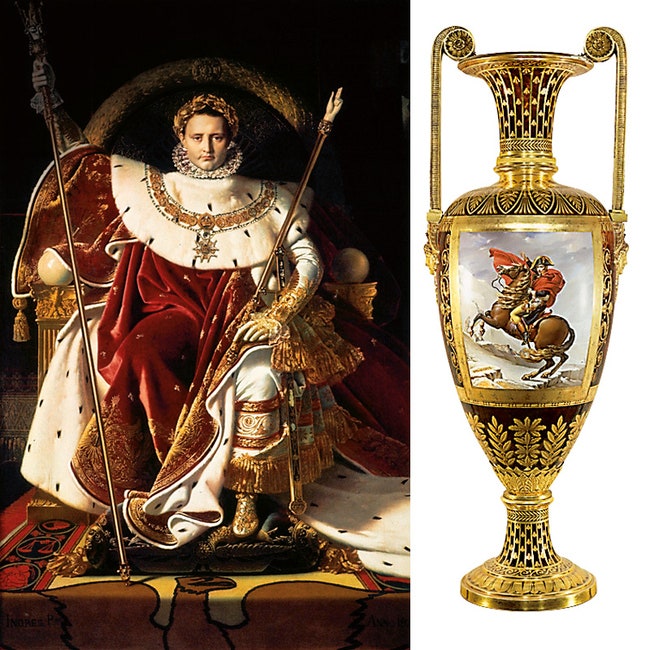 Жан Огюст Доминик Энгр “Портрет Наполеона на императорском троне” 1806. Справа ваза с фрагментом картины Жака Луи Давида...