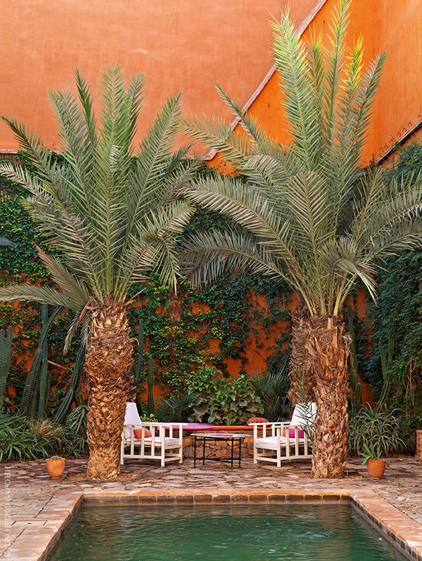 Во дворике с бассейном растут пальмы. Деревянные кресла Francois Gilles.