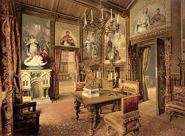 На эскизе Кристиана Янка стены кабинета в Нойшванштайне украшены росписями на сюжет “Лоэнгрина”.