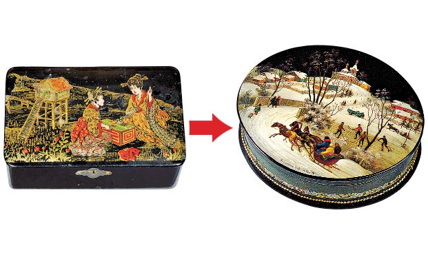 Слева Лаковая шкатулка Япония XIX век. Справа Шкатулка “Федоскино. Зима” 1968 год автор М. С. Чижов.